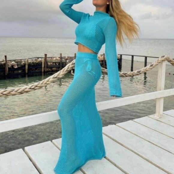 Zara Women's Pointelle Sweater Skirt Set Small Medium Turquoise Bloggers Fav - Picture 15 of 15